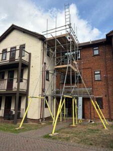 9 metre high access scaffold with working platforms and rakers in Eastleigh